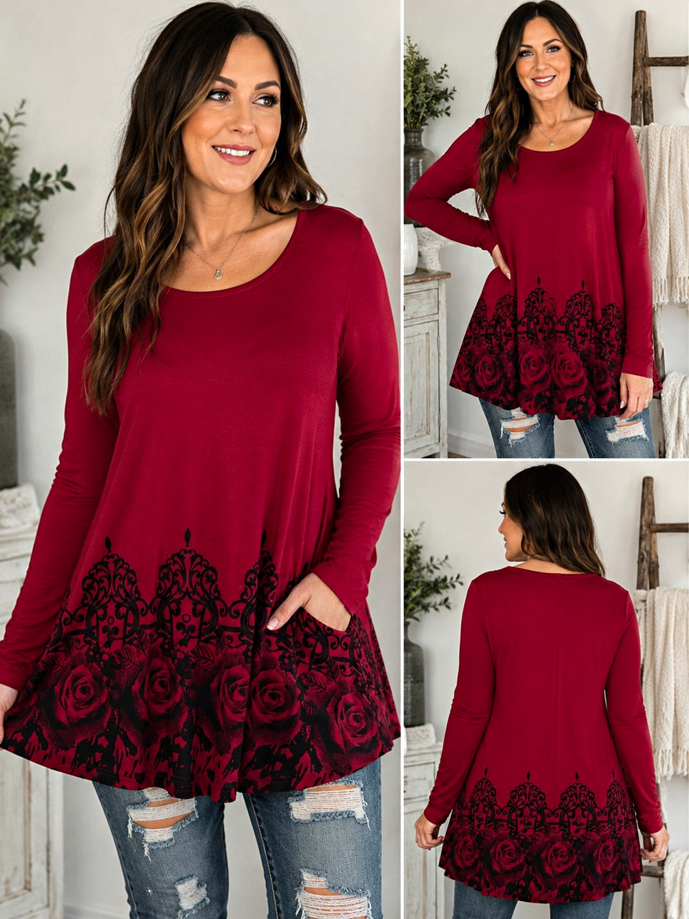 Lotusmile Women’s XXL Red Black Rose Floral Long Sleeve Tunic Top Gothic